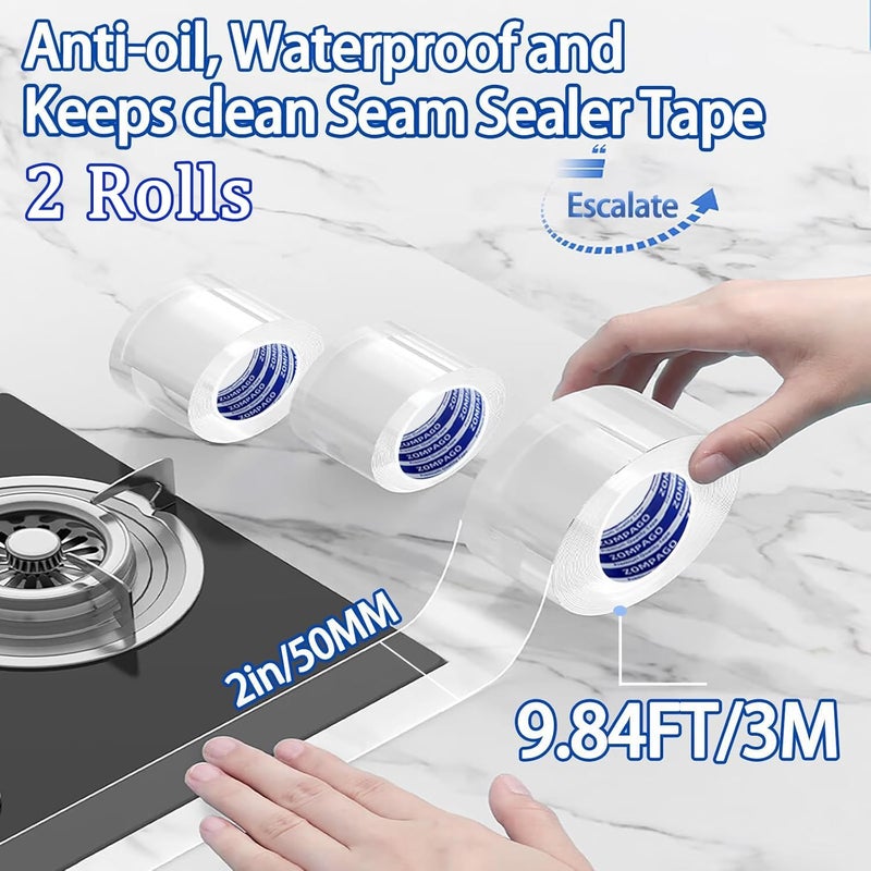 ZOMPAGO Waterproof Caulk Tape Sealant Strip – for Kitchen Caulking,Oil Proof,Self-Adhesive Tape for Toilet Seal,Bathtub Sealant–Bathroom Clear Caulk,2inx9.84FT,2Roll,PVC-for Window Sealing Well - Image 2